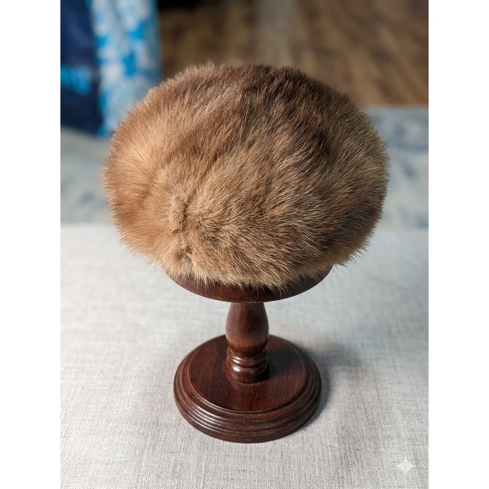 Vintage 60s Gimbels Mink Fur‎ Pillbox Hat Brown Mid Century Modern Dark Academia